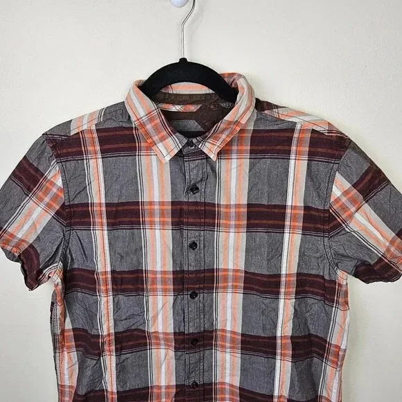 Prana Men's Orange Brown Plaid Lukas Shirt Short Sleeve Button Front Size Small - Picture 2 of 9